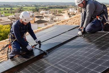 Equipo de instaladores colocando paneles fotovoltaicos sobre la cubierta de un edificio andaluz